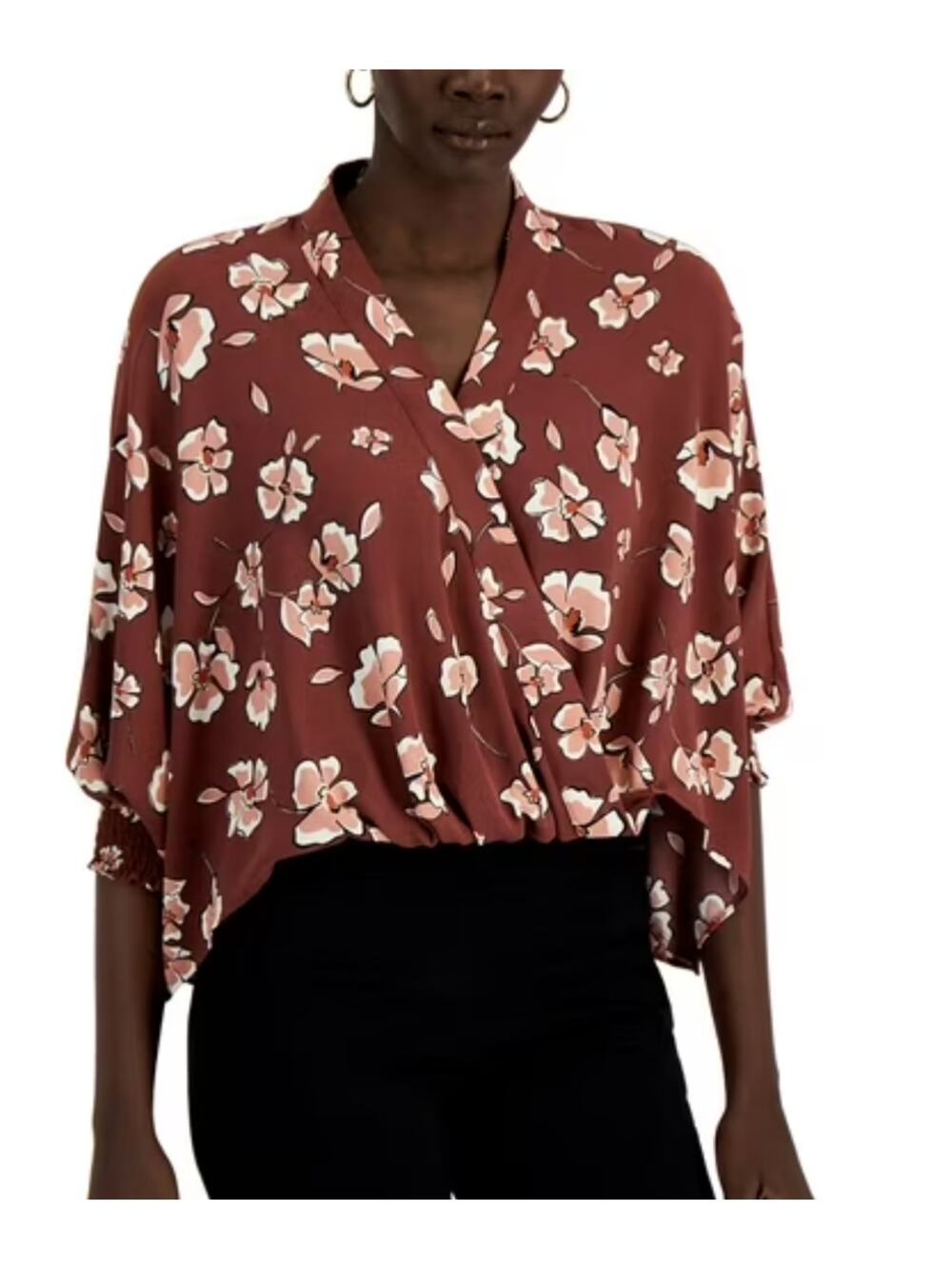 Alfani Blouse Womens S Red Pinkβ Floral Surplice V-Neck 3/4 Dolman Sleeve Casual